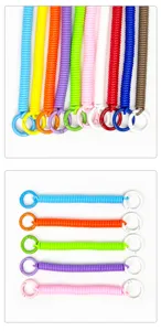 Détail de lanières spirales en plastique coloré, cordons anti-perte et attaches avec mousquetons.