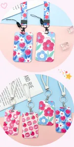 Portacarte scorrevole floreale carino con cordino, fresca custodia per badge per uso scolastico.