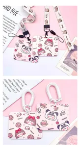 Süßer Cartoon-Kartenhalter mit Lanyard, horizontaler Ausweishalter, süße rosa Ästhetik.