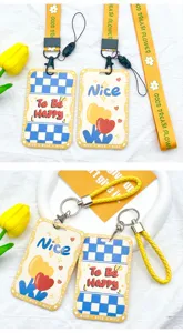 Porte-carte mignon style ins avec lanière et porte-clés, idéal pour les cartes d'étudiant et de bus.