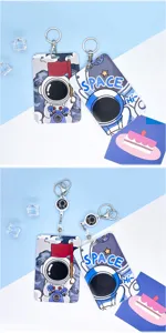 Cute astronaut sliding card holder with keychain, durable student ID badge protector sleeve.