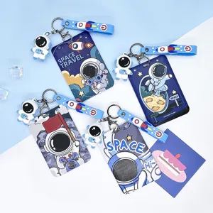 Cute Cartoon Astronaut Plastic Sliding Card Holder Sleeve With Lanyard For Students School ID Bus Access Card Protector Cover