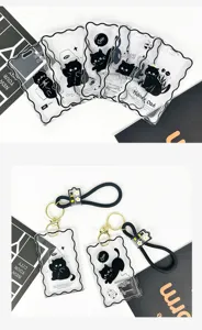 Cute cartoon black cat transparent ID card holder student badge protector with keychain lanyard