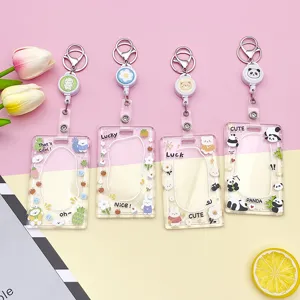 Cute Cartoon Transparent Card Holder Protective Hard Shell ID Badge Case Cover With Lanyard Retractable Clip Loop For Students Office Workers