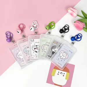 Cute student transparent cartoon card holder with colorful keychain and bell badge protector 1pc