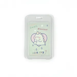 Transparent plastic card sleeve holder with cute dinosaur cartoon insert for ID badge.