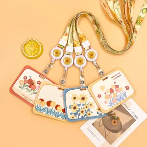 Cute Cartoon Floral Card Holder With Lanyard Retractable Clip Student ID Badge Bus Card Protector Sleeve Sunflower Tulip Pattern Card Case