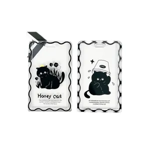 Cartoon Black Cat Transparent Card Holder Embossed Sliding ID Card Sleeve With Lanyard Keychain For Students Office School Supply