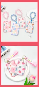 Transparent ABS ID card holder with cute floral and strawberry patterns for students.