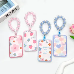 Ins Style Transparent ABS Sliding Card Holder For Student ID Bus IC Card Cute Floral Heart Patterns Protective Sleeve With Lanyards