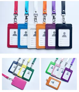 Double card slot ID badge holder with lanyard, multi-color leatherette vertical card case.