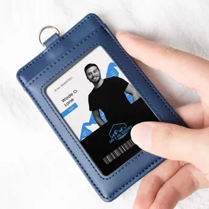 Business Leather ID Card Holder With Lanyard Dual Slot Badge Holder Protective Sleeve Office School Exhibition Supply