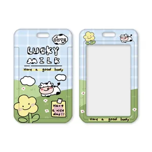 Cute cartoon cow card holder ID badge sleeve with lanyard hole for students and daily use