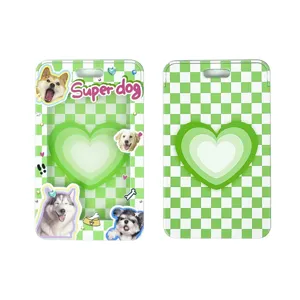 Dopamine Style Transparent Card Holder With Lanyard Checkerboard Heart Pattern ID Holder For Student Bus Work Card Office Stationery