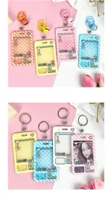 Cartoon transparent card holder, cute claw machine ID badge sleeve with keychain for students.