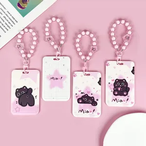 Bonito tarjetero de dibujos animados con cordón de cuentas y adorable diseño de gatito.