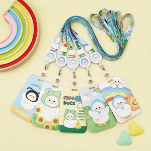 Cute Cartoon Animal Swan ABS Sliding Card Holder With Lanyard Protective Student ID Campus Badge Holder For Kids School Stationery Case