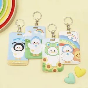 Cute cartoon sliding ID card holder with keychain, portable student campus meal card protective case.