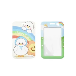 Cute cartoon sliding ID card holder for students with cute duck design and colorful rainbow pattern.