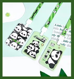 Cute cartoon panda card holder detail view, student ID badge protector with lanyard.