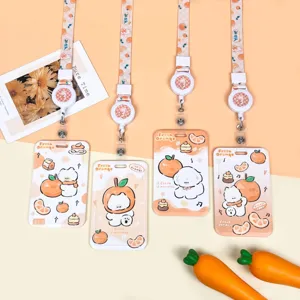 Portatarjetas Deslizante Estampado Perro Dibujos Animados Naranja Funda Protectora de Tarjeta ABS Con Cordón Extensible Estudiantes
