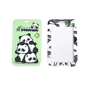 Cute cartoon panda ID card holder for students, PVC sliding badge protective cover with design.