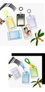 Transparent sliding ID badge holder card protector with lanyard for students and office staff.