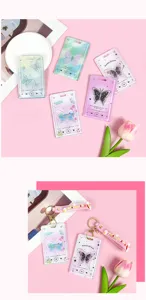 Transparent ID card holder set with cute butterfly and music player designs for daily use.