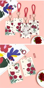 Large ABS card holder student ID work badge protective cover with red lanyard and cute floral design.