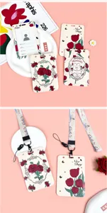 ABS ID card holder with lanyard cute floral rabbit design student badge protector
