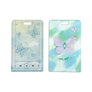 Cute transparent card holder with aesthetic butterfly and music player design, ideal for ID badges.