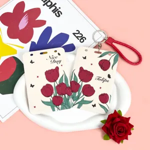 Large ABS Card Holder ID Badge Protector Student Bus Card Case With Lanyard Cartoon Floral Rabbit Pattern Sleeve
