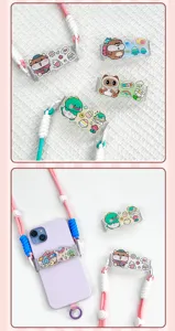 Cute acrylic phone strap lanyard set with cartoon animal charms for cross-body and neck wear.