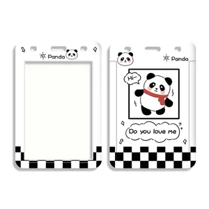 Cartoon Niedlicher Panda Ausweishalter Studenten Schulbuskarte Schutzhülle Schwarz Weiß Schachbrett ABS Kunststoff Badge Holder Mit Schlüsselband