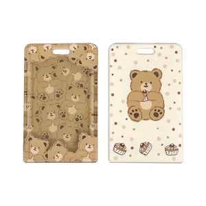 Cute Bear Cartoon Sliding Card Holder Transparent Student Campus ID Card Protector With Retractable Lanyard Keychain Bus Card Sleeve