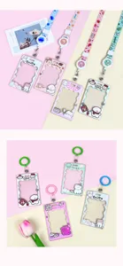 Transparent cartoon card holder with lanyard, cute animal design for students, durable sliding badge.