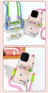 Cartoon acrylic phone case with colorful braided crossbody lanyard neck strap for women.
