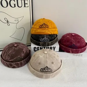 Retro Distressed Denim Corduroy Docker Hat Brimless Cap Washed Mountain Embroidery Letter Beanie For Men Women Street Casual Hat