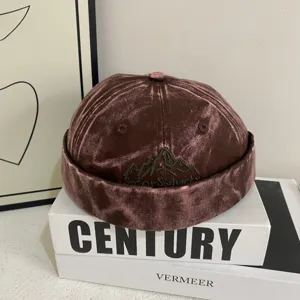 Retro brown velvet docker hat with mountain embroidery, stylish streetwear beanie cap.