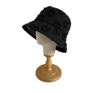 Black bucket hat for women spring summer sun protection casual fashion cute heart pattern cap.