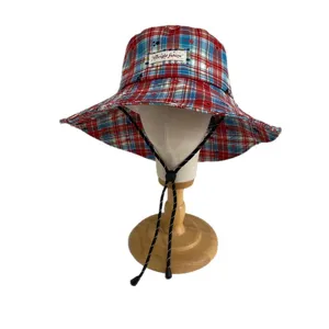 Koreaanse ruitjes bucket hat met kinband voor dames, stijlvolle zomerse outdoor zonnehoed.