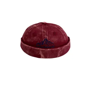Retro washed denim docker cap for men and women, casual street style melon hat with mountain.