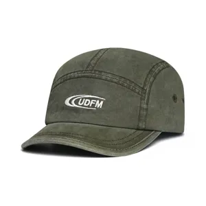 Vintage washed cotton 5-panel camp cap with white embroidered lettering, casual short brim hat.
