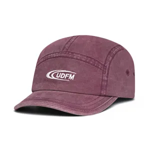 Vintage washed cotton short brim 5-panel baseball cap with stylish white embroidery front.
