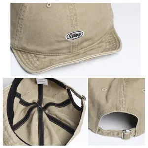 Khaki washed cotton short brim baseball cap, retro utility style cap with adjustable strap.