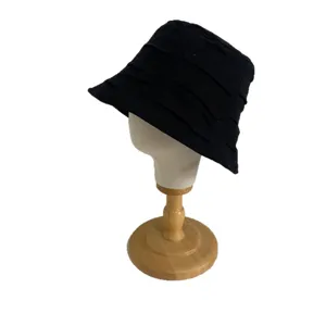 Black pleated bucket hat for women, breathable summer sun hat with Japanese casual style.