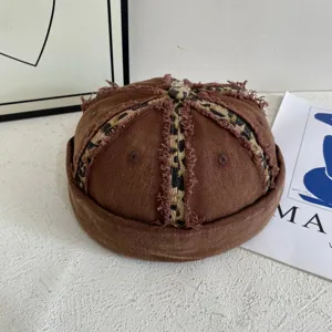 Retro patchwork washed dock cap detail, vintage brown cotton melon hat with leopard strips.