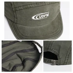 Vintage washed cotton canvas short brim baseball cap with embroidered letters and buckle.