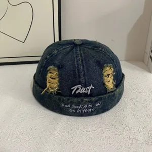Distressed denim dockman cap with embroidery, street style hipster miki hat for daily wear