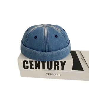 Berretto melon in denim lavato stile giapponese, cappello docker morbido retrò streetwear.